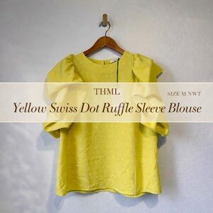THML Yellow Swiss Dot Ruffle Sleeve Blouse Size M NWT